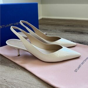 Stuart Weitzman White Patent Slingback Kitten Heels
